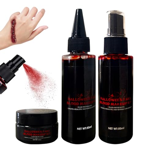 Halloween Kunstblut 4er Set:1 Geronnenes Blutplasma+1 Kunstblut Spray+1 Tropfendes Kunstblut+8 Tattoo,Halloween Schminke Makeup Spezialeffekt für Karneval,Simulierte Wunden,Film,Theater,Unfug