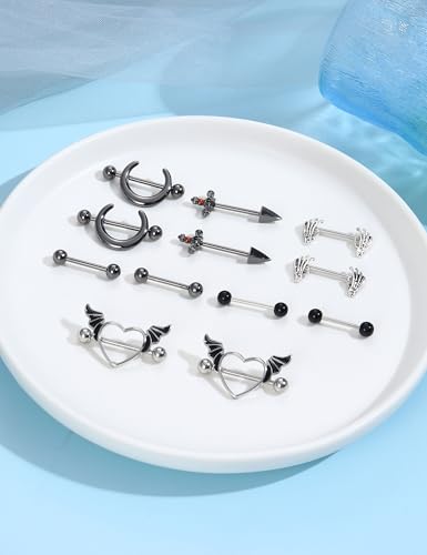 JOERICA 6 Pairs 14G Nipple Rings for Women 316L Stainless Steel Heart Butterfly Moon CZ Flower Barbell Nipple Rings Set Cute Nipplerings Piercing Jewelry2