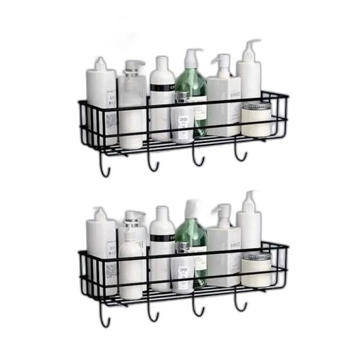 (Pack of 2) Steel Self-Adhesive Multipurpose Bathroom Shelf with Hooks/Towel Holder/Rack/Bathroom Accessories - Wall Mount - Pack of 2 (Black,Powder Coated)|TM-P7434