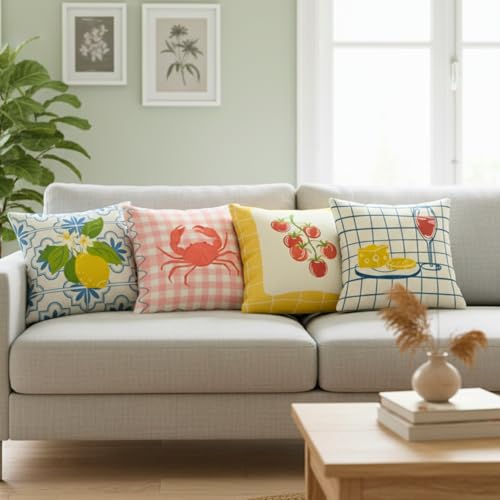 Image of Sleepy Threads Cushion Covers Set of 5 | 16 Inch X 16 Inch | Summer Seafood Print Cotton Blend Throw Pillow Cover | Multicolor Quirky Prints | Zipper Closure | Sofa Cushion Cover | Bedroom Home Decor