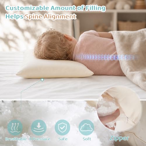 Image of Adjustable Kids Pillow for Ages 2-4 with Organic Cotton Pillowcase | 13x18 Youth Pillow, CPSC and OEKO-TEX Certified, Hypoallergenic, Machine Washable, Bedroom, Preschool Nap, Travel