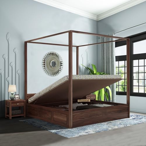 Image of Solid Sheesham Wood Queen Size Poster Bed Hydraulic Storage for Bed Room Living Room Home Wooden Double Bed Palang Solid Wood Bedroom Furniture for Hotel (Walnut Finish)