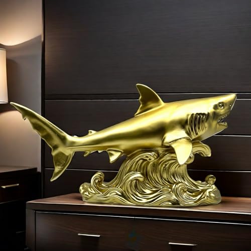 XINDAM Shark Figurine Gold Statue Decorative Home & Office Resin Figurines Home Office Display Craft Living Room Decor Ornaments for Tabletop