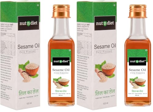 Image of nutndiet Cold Pressed Sesame Oil | White Sesame Til Ka Tel | 100ml Glass Bottle | Pure & Natural | Ideal for Cooking, Massage, Hair & Skin Care | Cold Press White Til Oil (Pack of 2)