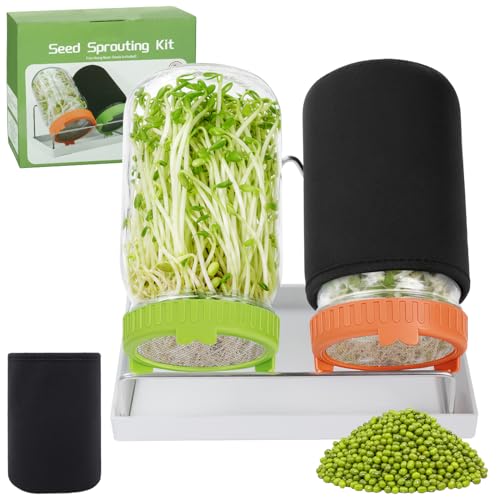 Seed Sprouting Kit with Mung Beans 80g 2 Large Wide Mouth Mason Jars with Sprout Lids Blackout Sleeves Drain Tray Stainless Steel Stand Sprouts Growing Kit for Growing Bean Alfalfa Sprout Seeds