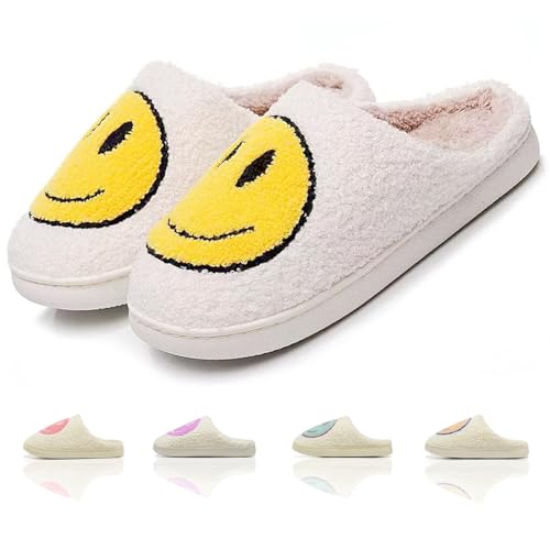 KNUAKA Cute House Slippers for Women & Men - Memory Foam Retro Happy Face Shoes - Cozy Indoor/Outdoor Fuzzy Plush Slip-On Comfy Trendy (Yellow, 44/45)
