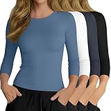 Neer 4 Pack Women's Workout Shirts 3/4 Sleeve Slim Fit Compression Tops Athletic Crewneck Gym Running Yoga Basic T-Shirt(Haze Blue, White, Dark Gray, Black,Medium)