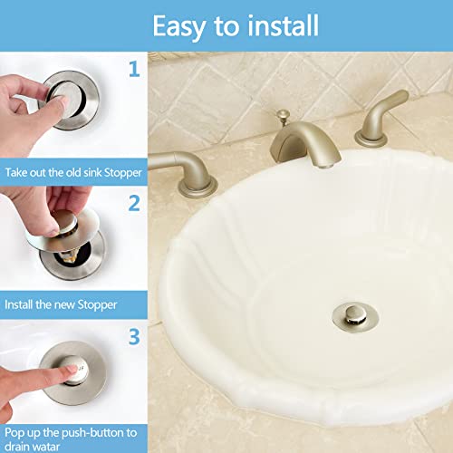 Image of QYHNYJF Bathroom Sink Stoppers Brushed Nickel - Pop Up Drain Stopper & Strainer, 2-in-1 Universal Sink Stopper for 1.1 inch to 1.5 inch Bathroom Sink Drain Pipes, Brushed Nickel Finish