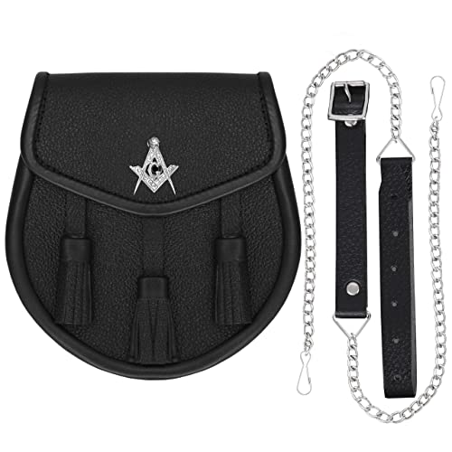 Image of Scottish Original Leather Sporran with Leather Belt & Chain (Black Leather Masonic Sporran)