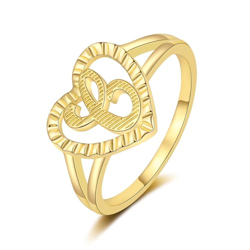 Image of RLMOON Gold Initial Rings for Women Non Tarnish 14K Gold Plated Vintage Heart Thumb Rings Personalized Carved Letter Statement Stackable Rings Size 6-10 Jewelry Gifts