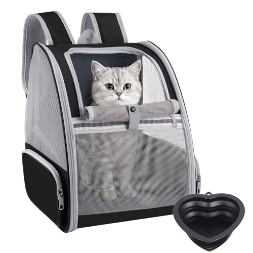 Mochila para Gatos, Transportin para Gatos y Perro Pequeño Portátil de 7kg, Mochila Gato y Perro Multientrada, Transportin Gato con Cuencos Plegables en Forma de Corazón para Viajar