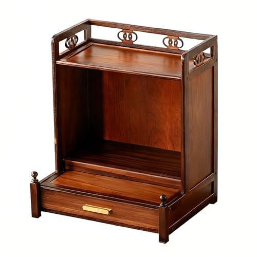 Estante budista para altar – Altar montado en la pared de madera maciza con cajón para meditación en casa, mesa Puja para oración y meditación