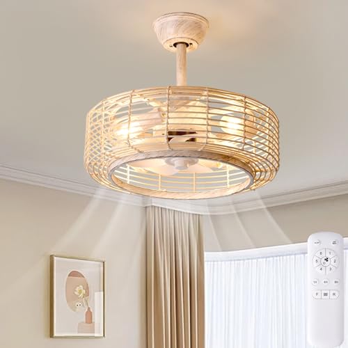 JSAITEE Caged bladeless Industrial Ceiling Fans with Lights and Remote Control, 20 Inch Low Profile Flush Mount Ceiling Fan，6-Speed Reversible Fandelier for Bedroom Dining Room Kitchen
