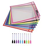 Tagtight 10 Pack Dry Erase Pockets Sleeves, A4 Ticket Holders, Transparent Sheets Erasable Pockets, Clear Sheet Protector for Classrooms Home & Work Teacher Supplies with 10 × Erase Pens