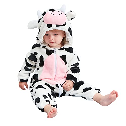WOOKIT Mameluco Pelele Bebé Niños Niñas, Pijama de Franela Traje de animales, Sweater de Invierno y Lindo Mono con Capucha 0-36 meses-Vaca-80