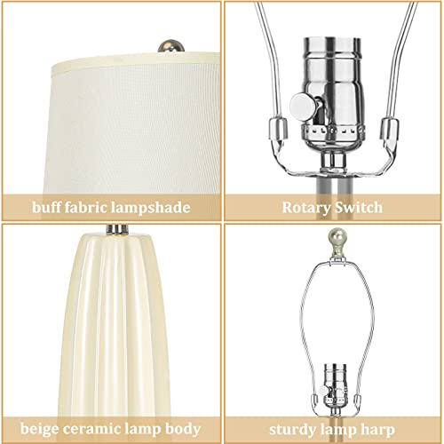 Hamucd Modern Beige Ceramic Table Lamps Set Of 2 For Living Room,Coastal Pottery Bedroom Nightstand Lamps With Rotary Switch,Contempory Off-White Bedside Lamps With Light Yellow Lampshade,25.5" H #TOP5