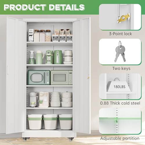 Image of INTERGREAT Metal Storage Cabinet with Wheels, 73 inch H Rolling Metal Cabinets with Doors and Shelves, White Steel Lockable Cabinet on Wheels for Garage Storage