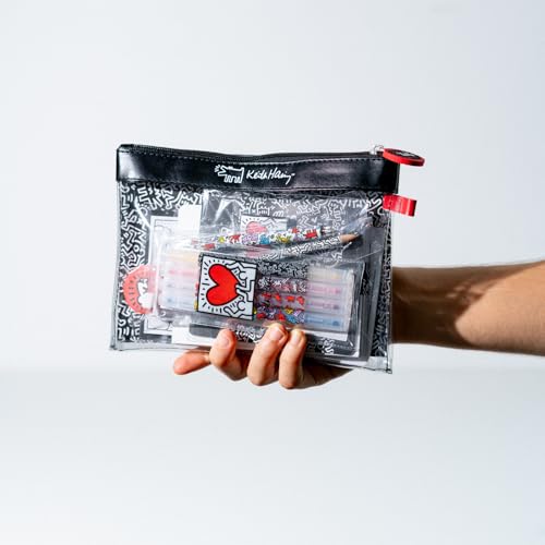Grupo Erik Schreibwaren Keith Harting Kugelschreiber Bleistift mit Radiergummi - Federmäppchen Groß - Büroklammern - 4 Textmarker - Notizzettel Klebend Keith Haring Fanartikel