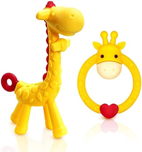 SHARE&CARE BPA Free 2 Silicone Giraffe Baby Teether Toy with Storage Case, for 3 Months Above Infant Sore Gums Pain Relief and Baby Shower, Set of 2 Different Teething Toys (Yellow)