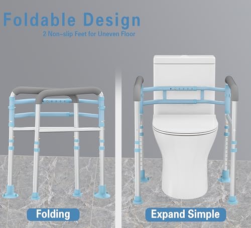 Delog Stand Alone Toilet Safety Rail - Adjustable Width & Height Fit Any Toilet, Medical Toilet Frame for Elderly Handicap Disabled, Folding Handrails Padded Handles