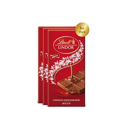 Lindt Schokolade LINDOR Milch, 3er Bundle | 3 x 100 g Tafel | Feinste Vollmilch-Schokolade mit einer unendlich zartschmelzenden Füllung | Schokoladentafel | Schokoladengeschenk