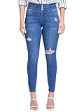 Royalty for Me Women's High Rise 3 Button Stacked Waistband Skinny Sustainable Jean, N Indigo Blue Rips, 4