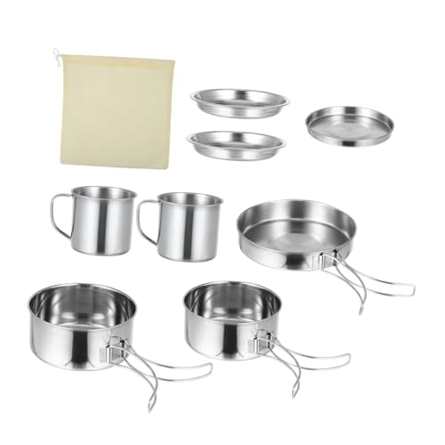 Gogogmee 8 Pcs Stainless Steel Camping Cookware Set with Fire-Resistant Bottoms Portable Outdoor Cooking Pots for People for Backpacking BBQ Hiking and Picnic