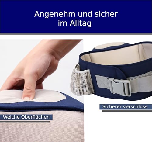 Hüftsitz Baby EXTRA 50mm weiche Polsterung 2x Taschen Hüfttrage 65-120cm VORTEILE 4 Positionen seitentrage (S M L XL) ergonomisch Taillen Hocker (Dunkel blau)