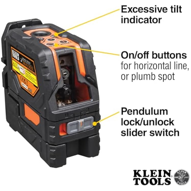 Klein Tools 93LCLS Self-Leveling Class II ( 1mW) Laser Level with Bright Red Cross Lines and Plumb Spot, Magnetic and Ceiling Clamp Mounting