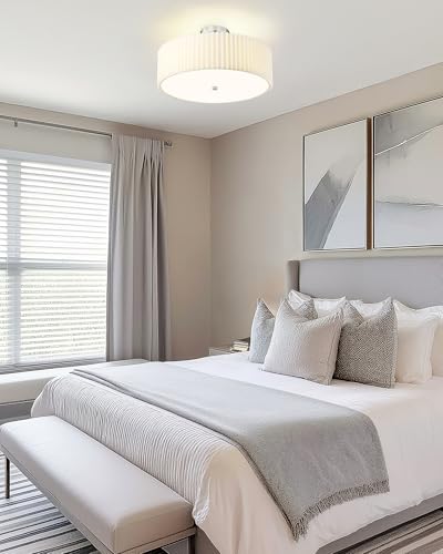 Image of Semi Flush Mount Ceiling Lights, 4-Light 18 inch Ceiling Light Fixture with White Pleated Fabric Shade, Brushed Nickel Drum Lamp for Nursery Hallway Bedroom Kitchen, AD-25036-4SF-SN