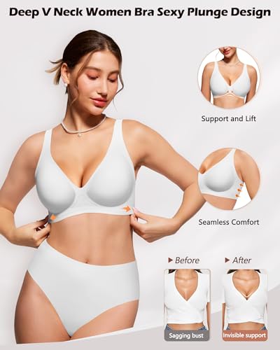 HORISUN Wireless Seamless Bras Deep V No Underwire Push Up Bra Full Coverage Comfort Support Bralettes for Women (White 40A) — view 2