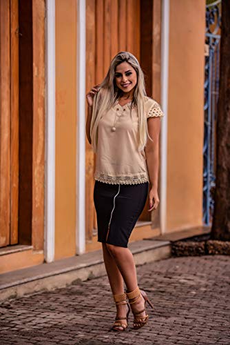 Blusa Feminina Social Detalhe Renda + Colar Moda Evangelica(P/38-40, Creme) - Y2675