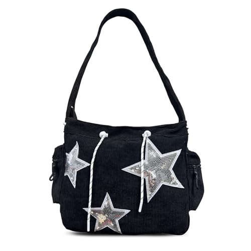 Bolsa de ombro Star Y2K Hobo para mulheres, bolsa carteiro fofa de lona elegante bolsa de ombro de grande capacidade., Preto, One Size
