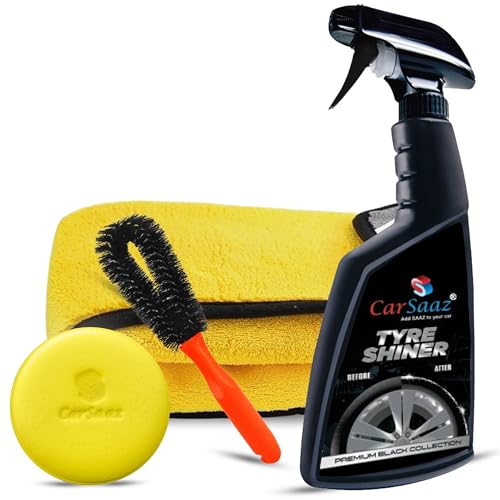 Image of CAR SAAZ Tyre Care Combo | Tyre Shiner (380 ML), Tyre Brush, Applicator Pad & Microfiber Cloth | Premium Car & Bike Tyre Polish Combo | Glossy Finish, Shine & Protect