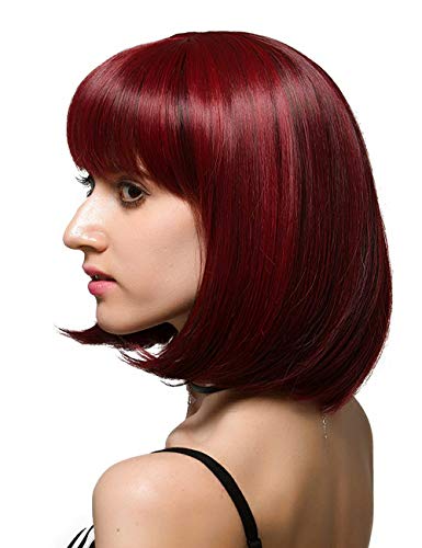 Short Bob Hair Wig 10'' Straight Bangs Short Hair Candy Color Cosplay Synthetic Wig Natural as Real Hair with Wig Cap, Daily Party Hairpiece for Women Girls (Wine Red)