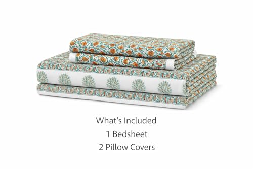 Image of ElanorHomes 240 TC Cotton Double King Size Bedsheet | Ultra-Soft & Skin-Safe | Breathable Summer Comfort | 93x108 inches with 2 Pillow Covers (Narangi Buta)