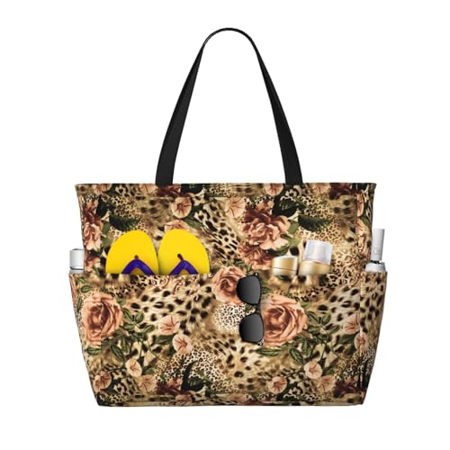 Striped Leopard Print Foldable Lightweight Family Beach Bag for Men Women Beach Tote Bag Portable Gym Bag