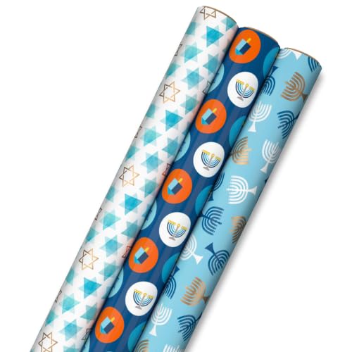 Hallmark Blue Hanukkah Wrapping Paper, 3 Rolls (Star of David, Menorah)