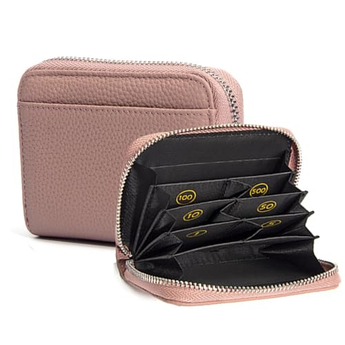 RFID Blocking Wallet For Women,Multi Coin Organizer Purse with 6 Coin Slots,Genuine Leather Credit Card Holder Ladies Card Case (Pink)