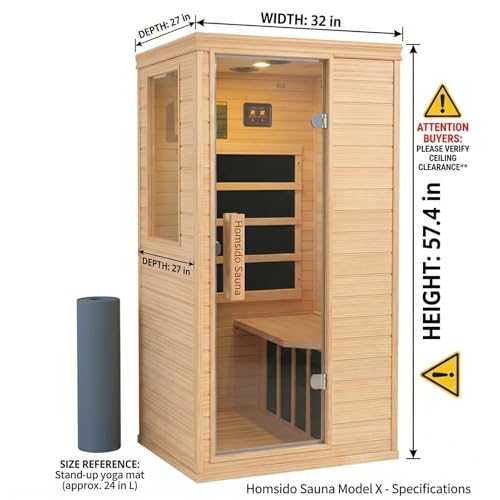 1-Person Low EMF Far Infrared Sauna for Home Use, 900W Canadian Hemlock Wood Sauna with Bluetooth Music & Led Read Light, Easy Assembly for Bedroom, Gym, or Basement