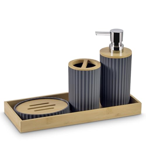 Image of Freelance Portofino ABS Bathroom Accessories Set of 4, Cappuccino - Liquid Handwash Soap Dispenser, Brush /Toothbrush Holder, Dish, Tray - Plastic Bathroom Set for Wash Basin - Stronger Than Ceramic