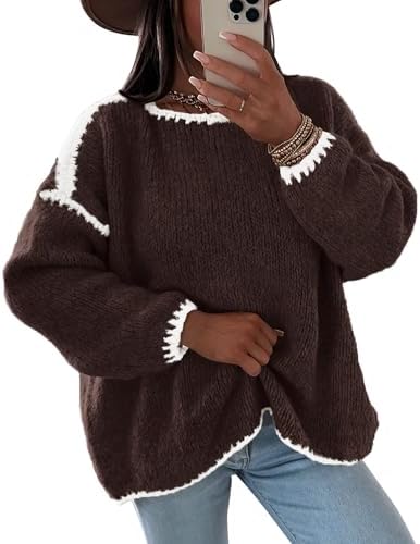 KIRUNDO Womens Sweaters 2026 Fall Oversized Long Sleeve Chunky Knit Crew Neck Contrast Stitching Pullover Winter Clothes