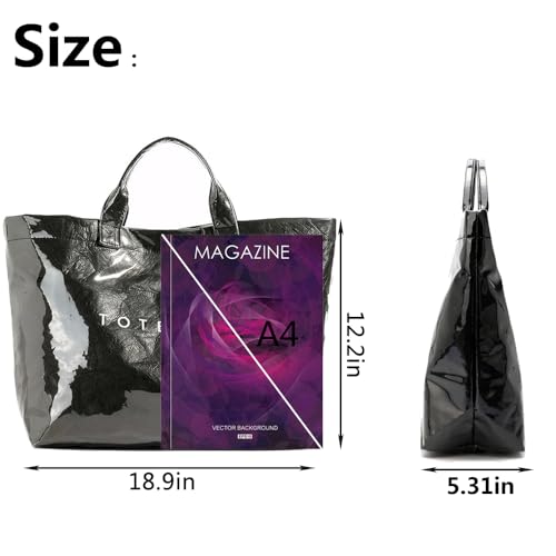 Image of PVC Tote Bag Women's Letters Print Large Kraft Paper Carry All Bag Top Handle Clear Hobo Handbag - Black
