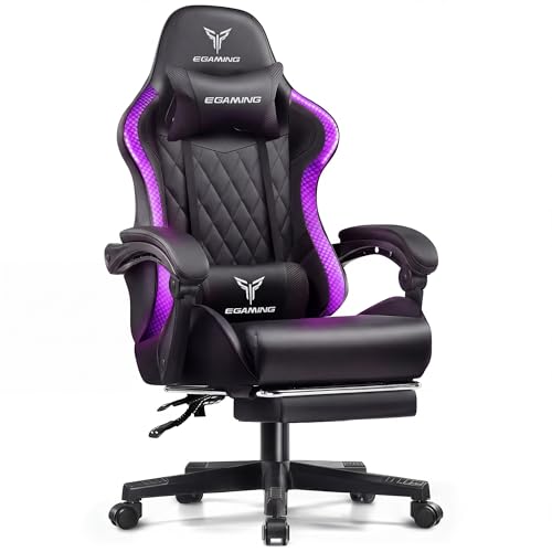 EXRACING Gaming Chair with Footrest Ergonomic High-Back PU Leather Computer Chair with RGB LED Lights Linkage Armrests Lumbar Support and Headrest 150Reclining Diamond Quilted Office Chair for Adults