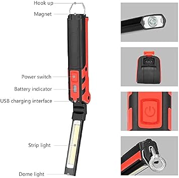 270 Rotation Foldable LED Flashlight, Water-Resistant, USB Rechargeable, Magnetic Base, 100 Lumen