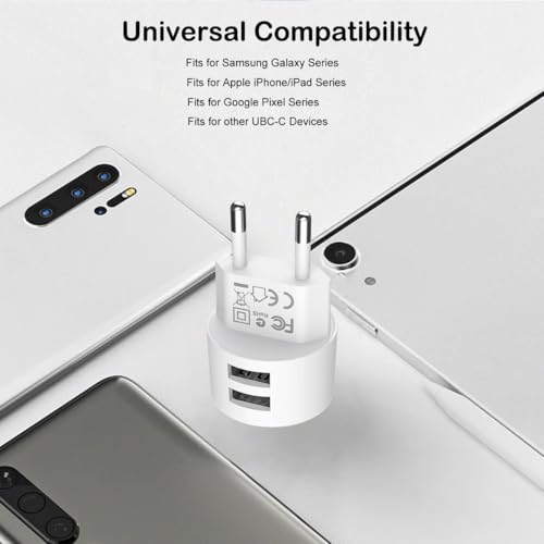 joonnair Ultrapłaska ładowarka z 2 portami USB-A z kablem z portem C, adapter mini USB, zasilacz USB 5 V 2,1 A, wtyczka EU, wtyczka sieciowa, kompatybilna z iPhone, Samsung, Huawei, tablet, aparat