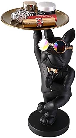 Vinbcorw French bulldog figure with tray stainless steel,Table decoration sculpture decoration, key bowl statue small parts, container, fruit bowl, key candy organizer,Black,G