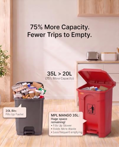 Image of pedal dustbin with lid, heavy duty plastic garbage bin, hands-free step-on waste bin for kitchen, office, home, hotel, bathroom & outdoor use (Mystic Red, 35 Liters)