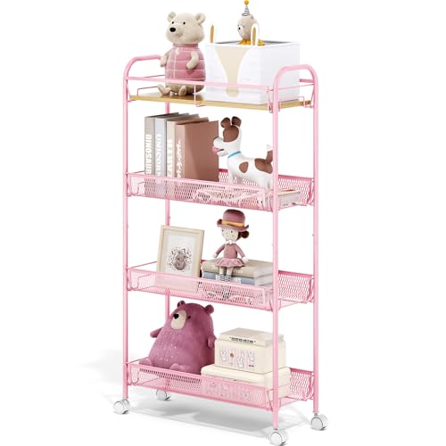 TOOLF 4-Tier Slim Rolling Cart, Metal Storage Cart with Wooden Tabletop and Mesh Baskets for Narrow Space on Kitchen Bathroom Laundry Room Bedroom Apartments Dormitory by TOOLF - Used condition - US$23.31