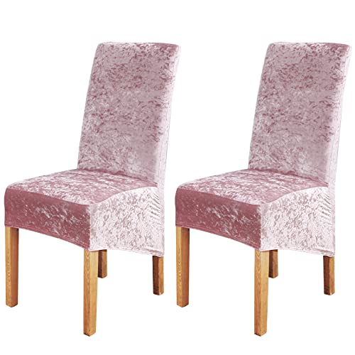 Crushed Velvet Large Size Dining Chair Covers Set of 2,Dining Room Chair Slipcovers,Stretch Elastic Removable Washable High Back Chair Covers for Dining Room,Hotel,Kitchen,Home(Pink,Pack of 2)